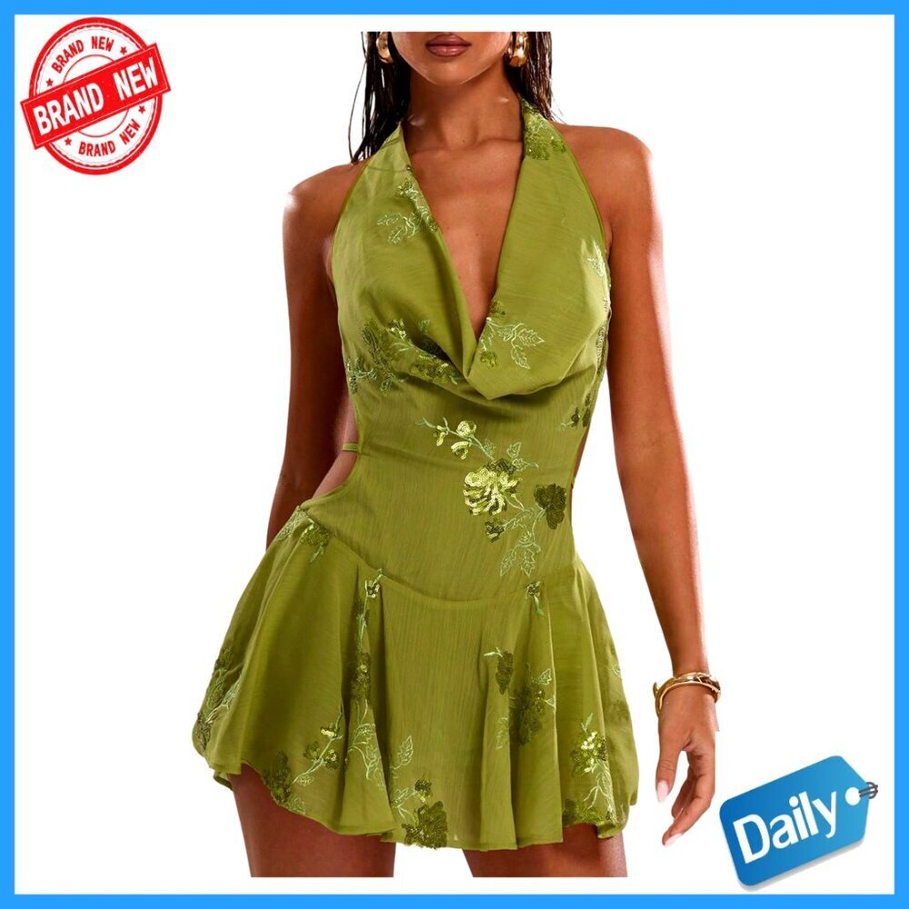 Floral Sequin Halter Dress Y2K Mini A-Line Backless Tie Draped Chic